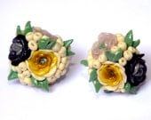 Unique Entirely Handmade Polymer clay  Rustic Floral Earrings in Black Yellow Pink Grey and Green / Mini flowers / Jewelry