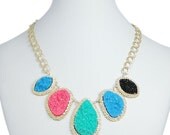 Natural Aquamarine Seafoam Green Mint Druzy Drop Stone Statement Necklace, Gold Tone Crystal Rhinestone Bib Necklace-119372863