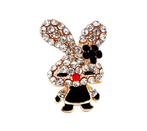 Fashion Jewelry - Adjustable Ring with a Rabbit in Little Black Dress for Bridal/Prom/Party Event - Handmade with Clear Rhinestones