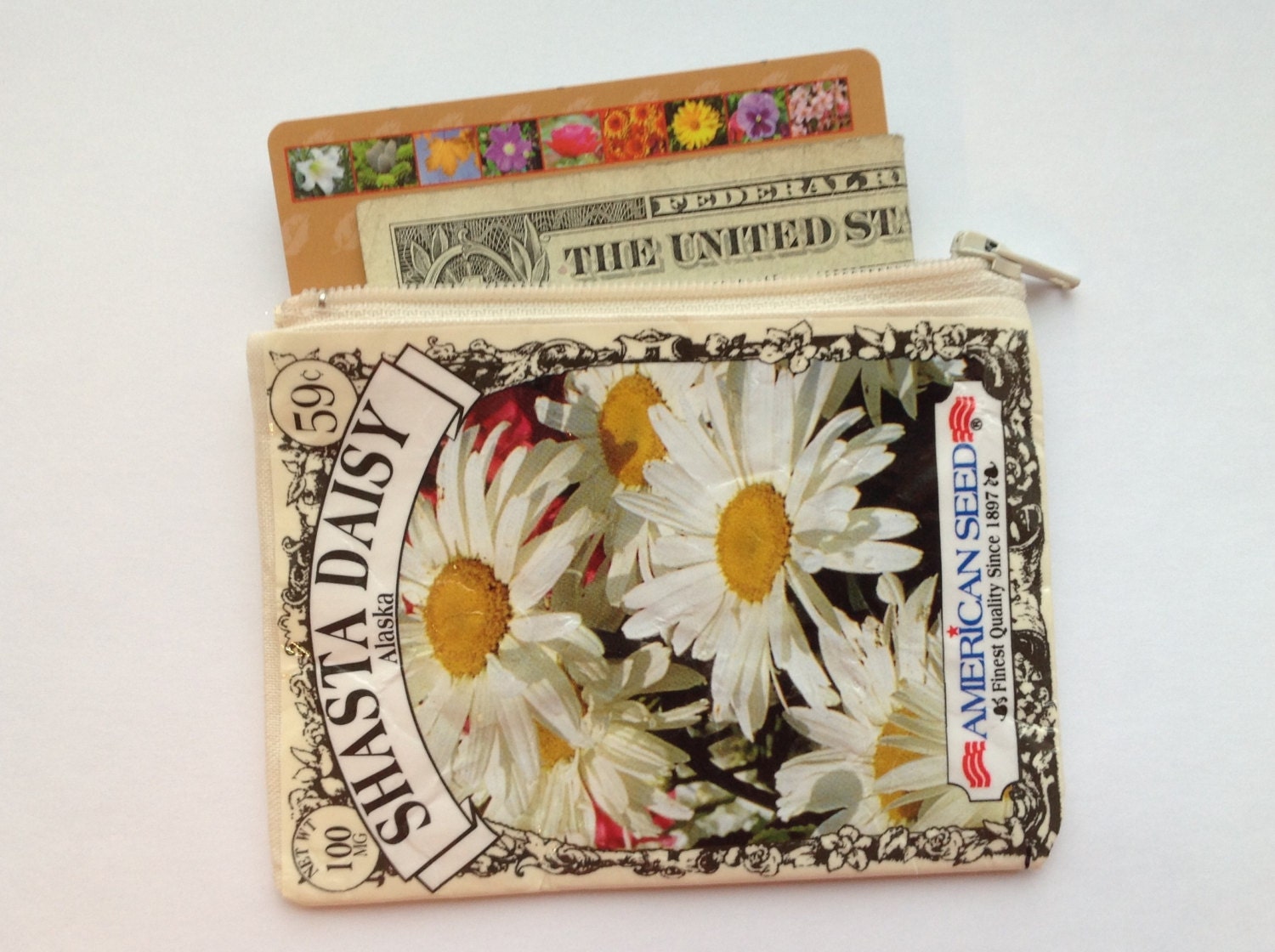 Shower Favor Gift Idea- Coin Purse - Upcycled Shasta Daisy Flower Seed Packet Zippered Coin Purse