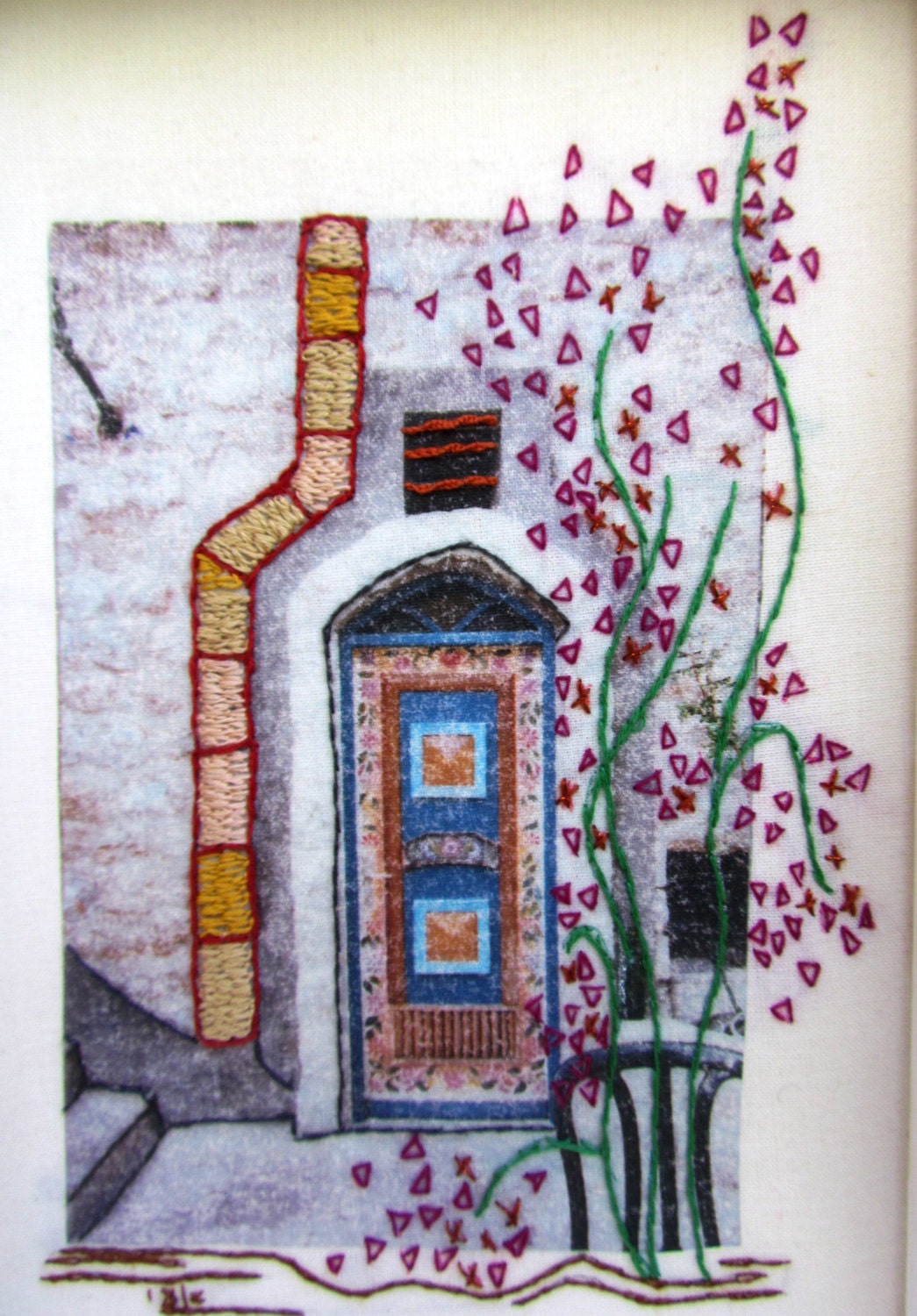 the entrance, fiber art, wall hanging, hand embroidery,  mixed media OOAK
