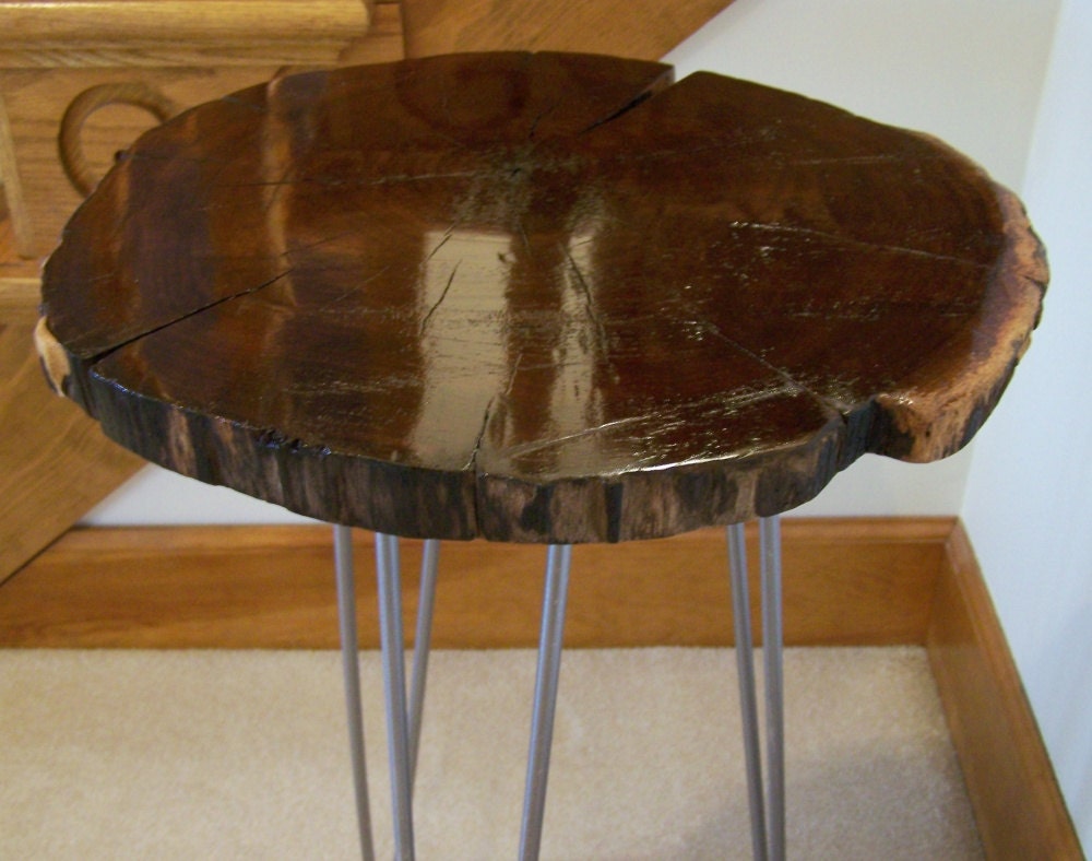 Rustic Walnut Accent Table - Hairpin legs - Semi gloss finish - Live edge
