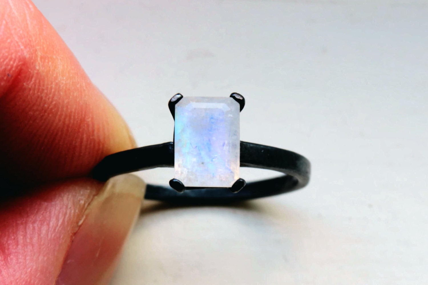 Extremely Fiery Emerald Cut Moonstone Solitaire Ring in Oxidized Sterling Custom Made in Your Size