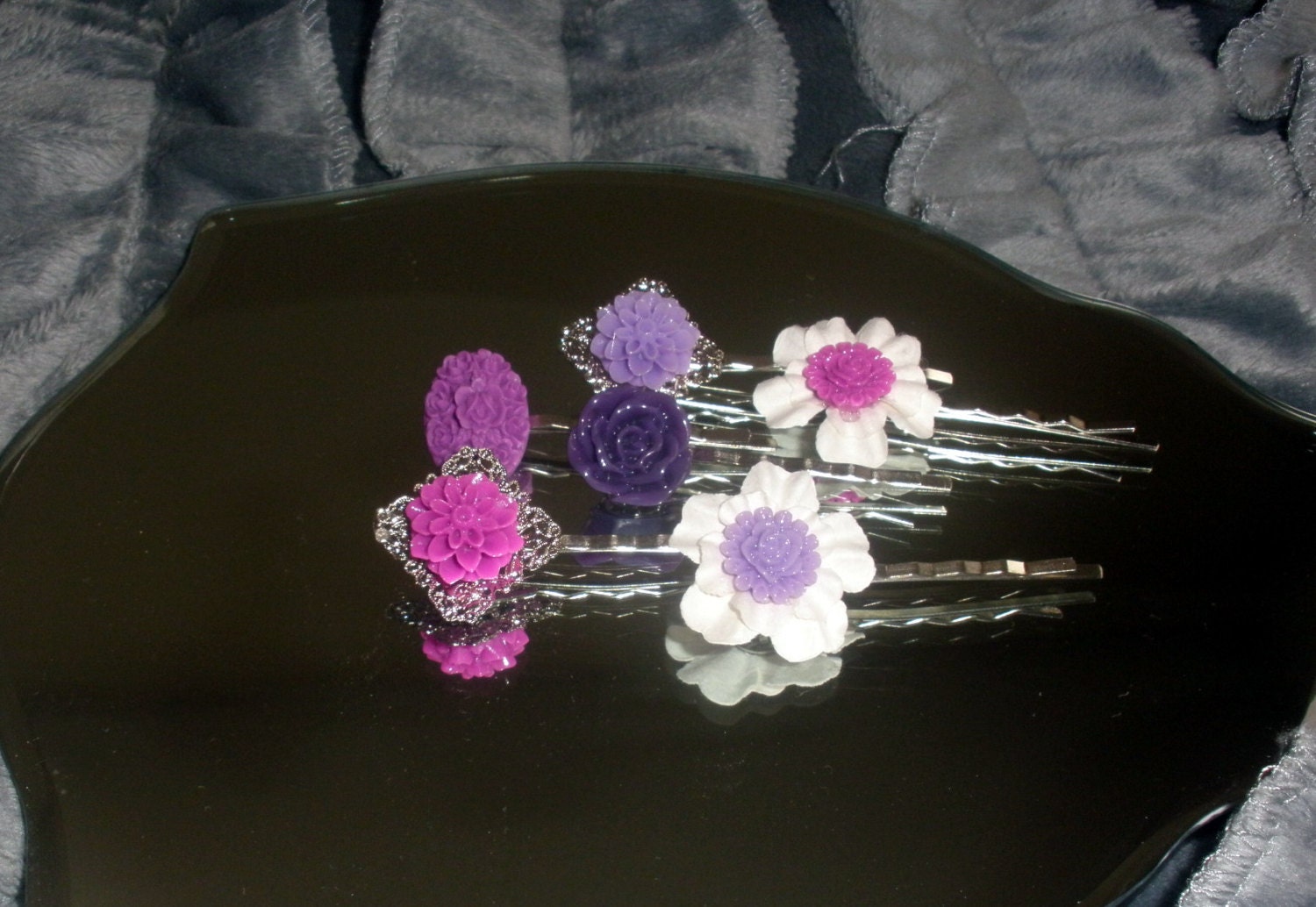 Passionate about Purple set of 6 bobby pins hair accessories lot flower cabochons silver filigree base