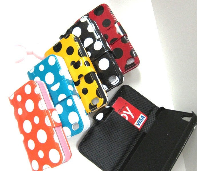 Cute Polka Dot Flip case for iPhone 4 4S with 2 Cards slot and phone stand