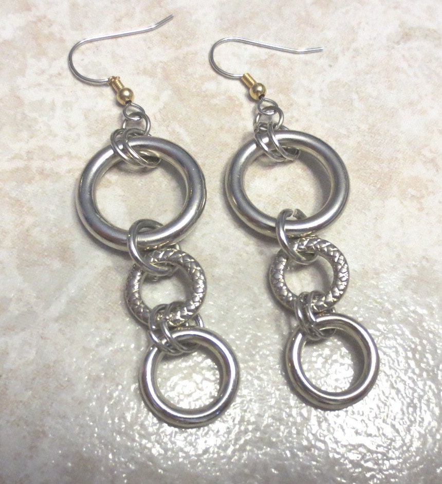 Recycled Three Ring Earrings. Made From Old Necklace Components. Upcycled Materials. Repurposed Necklace Parts.