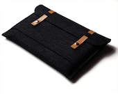 NEW MacBook 15" sleeve Macbook PRO case dark grey black wool felt light brown leather straps protectiv exterior pocket