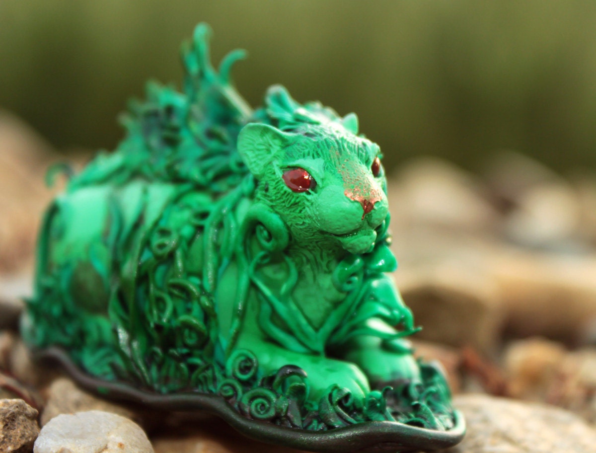 Fantasy Lion figurine green plant art sculpture, totem, amulet, fairy, fantasy animal