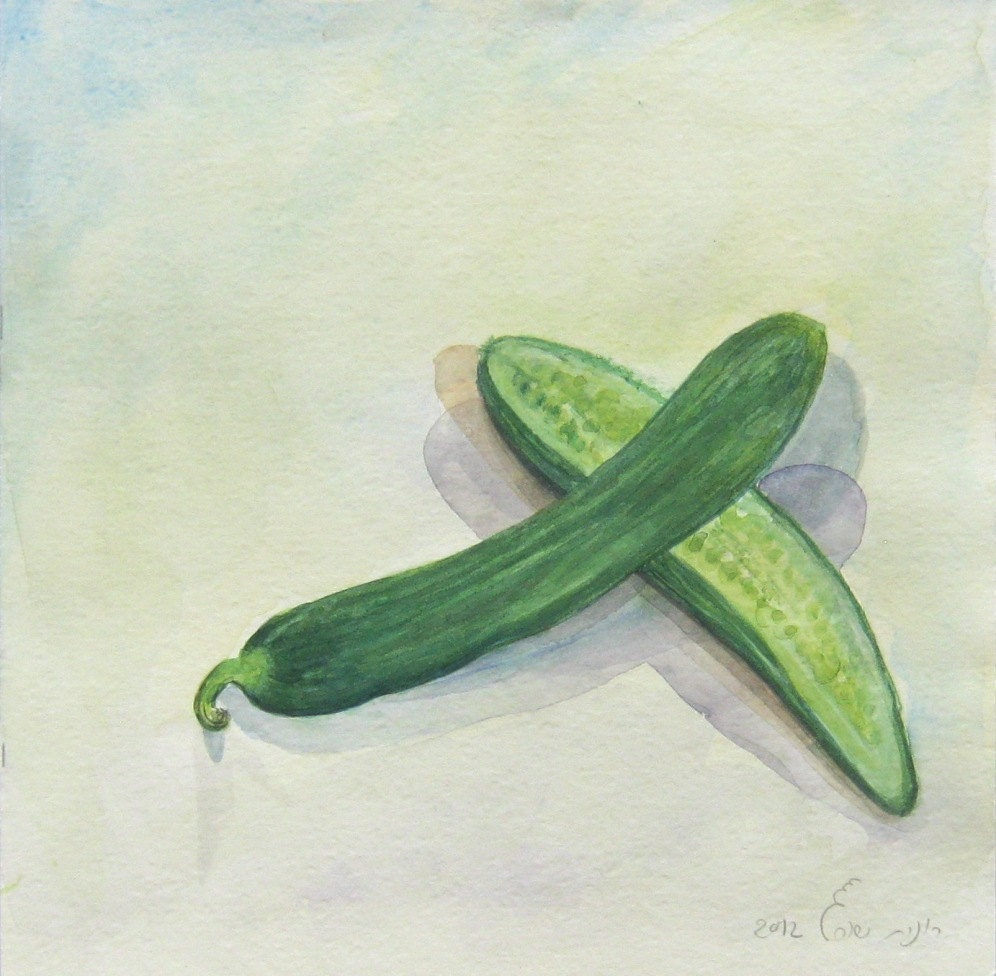 Cucumber Food Art Painting  Watercolor  Print Home Decor Vegetables Still Life Square Under 20