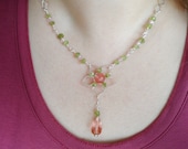 CHERRY QUARTZ FLOWER - Handmade Necklace Wire Wrapped Wirework Jewelry Silver Plated Wire Hammered - Peridot Faceted Teardrop Crystal Dangle