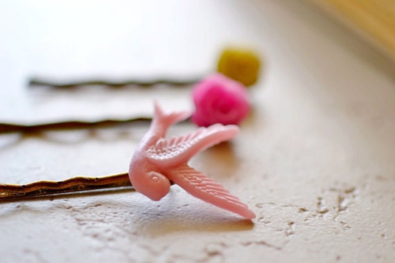 Bird Bobby Pins with Victorian Roses, Hair Accessories, Mauve and Ivory Flower Girl Hair Pins on Antiqued Brass, Pure Romance