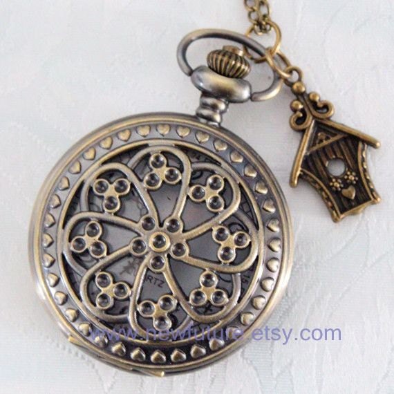 hollow dial Pocket watch(big size) Locket Necklace,with a house