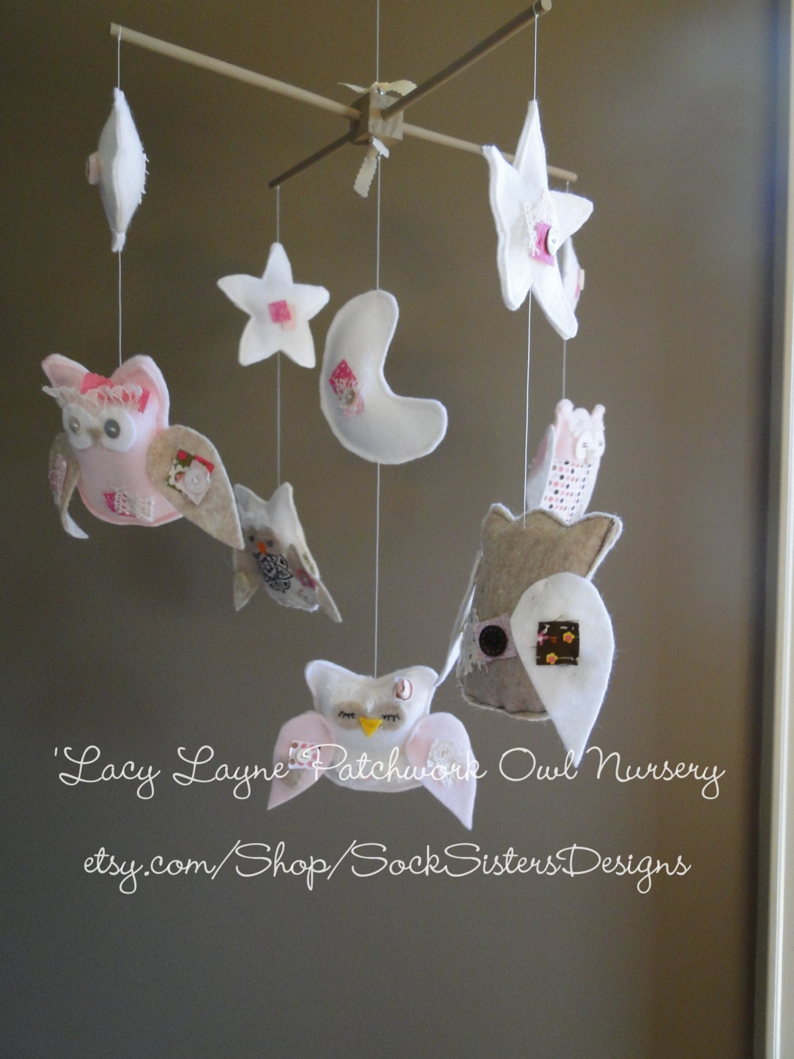 The 'Lacy Layne' Patchwork Owl Nursery Mobile - hand made with lace, buttons and bows...by Sock Sisters