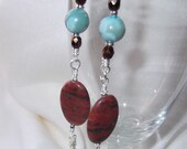 Jasper gemstone dangle earrings - Beaded jewelry - Long rustic earrings - Red, turquoise, copper earrings - Wire wrapped earrings
