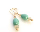 Jade Green Gold Earring, Light Green Gold Leverback Earring, Faux Pearl Earring, Vegan Pearl Earrings, Light Green Dangle, Mint Earring