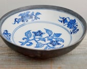 Vintage Mid Century Pewter Wrapped Hand Painted Blue and White Small Porcelain Bowl Made in Hong Kong