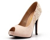 Nude Peep Toe Wedding Heel with Lace & Beadwork, Nude Bridal Heel, Nude Satin Wedding Heel, Nude Wedding Shoes.