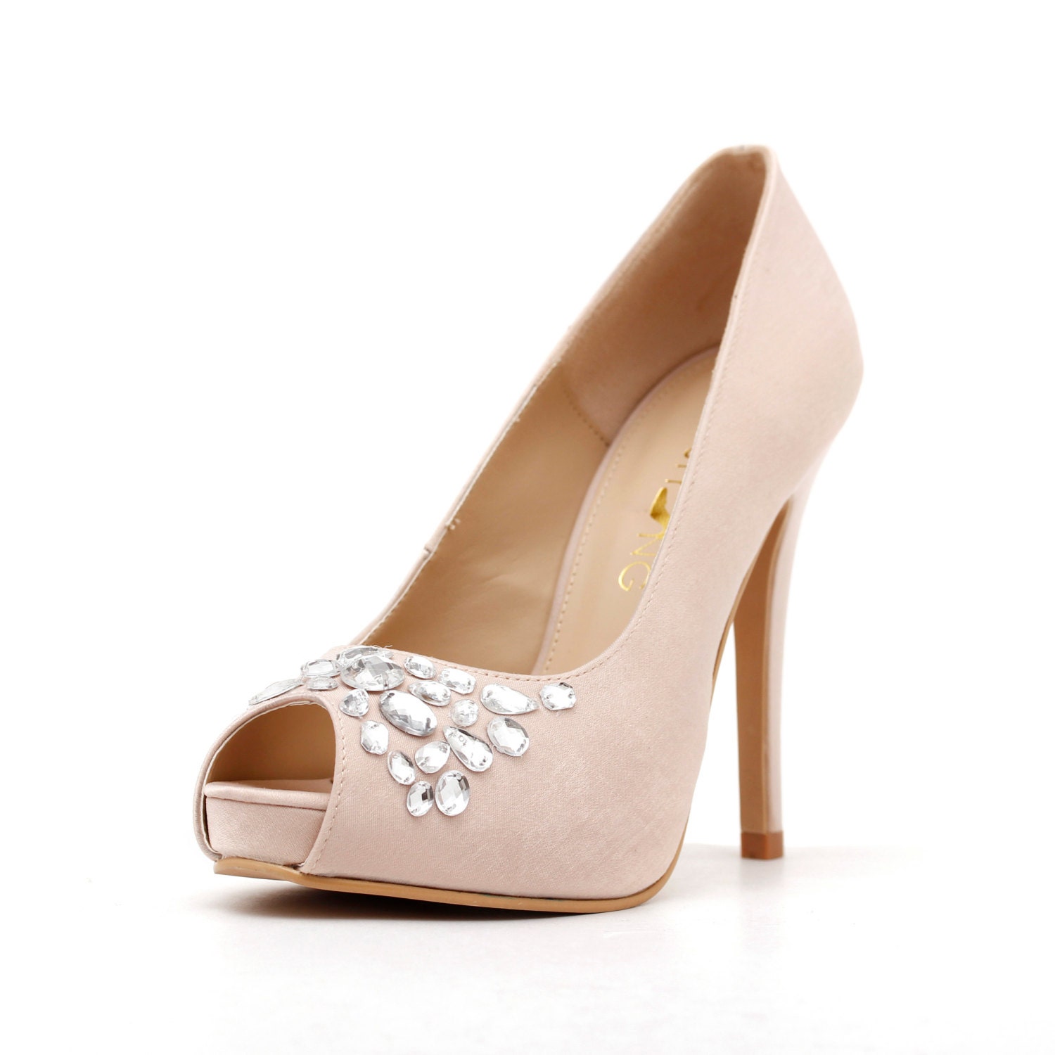 Nude Peep Toe Wedding Heel with Rhinestones, Nude Bridal Heel, Nude Satin Wedding Heel, Nude Wedding Shoes.