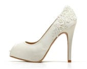 Ivory White Wedding Shoes,Ivory White Bridal Heels,Ivory White Satin Beaded Lace Wedding Shoes, Ivory White Lace Bridal Heels