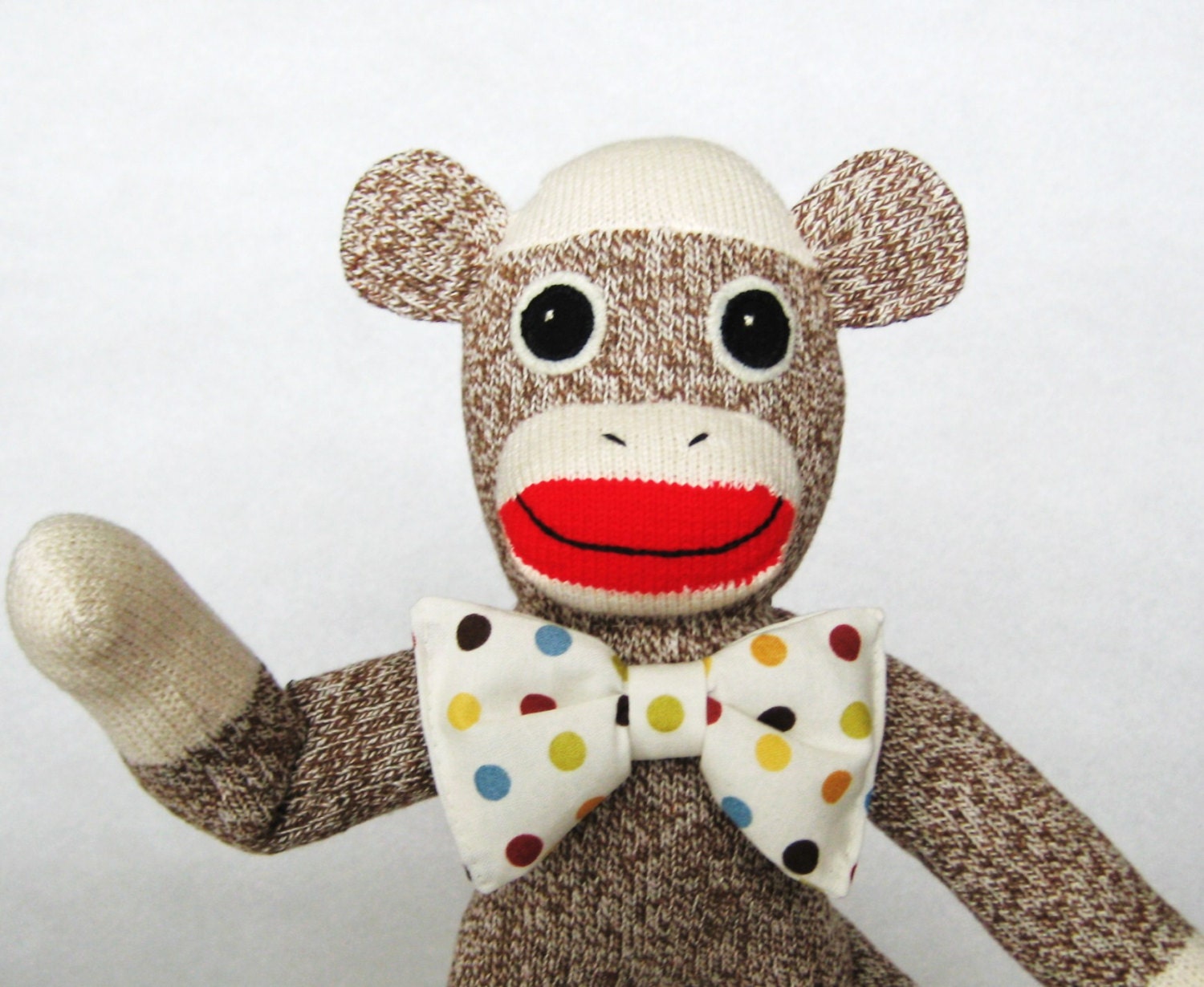 Sock monkey boy brown classic Rockford Red Heel stuffed toy animal Lionel custom polka dot bow tie happy gift baby shower for boy or girl