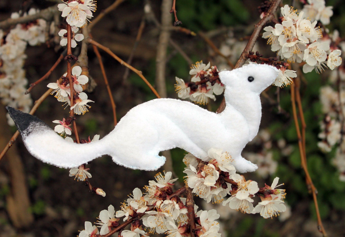 Ermine Soft Toy White Animal, Gift for children, sewed plush fleece ermine weasel toy handmade
