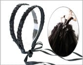 Double Black Beads 2 line Wedding Bridal Headband Double Ribbon Black Color Ribbon Headpiece Hair Accessory
