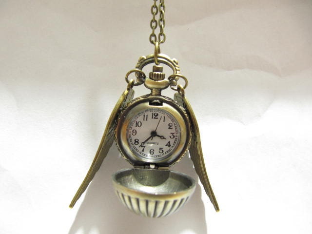fashion Pocket Watch necklace ,Long Chain Necklace  with harry potter golden snitch necklace Enchanted Steampunk Double Sided wings