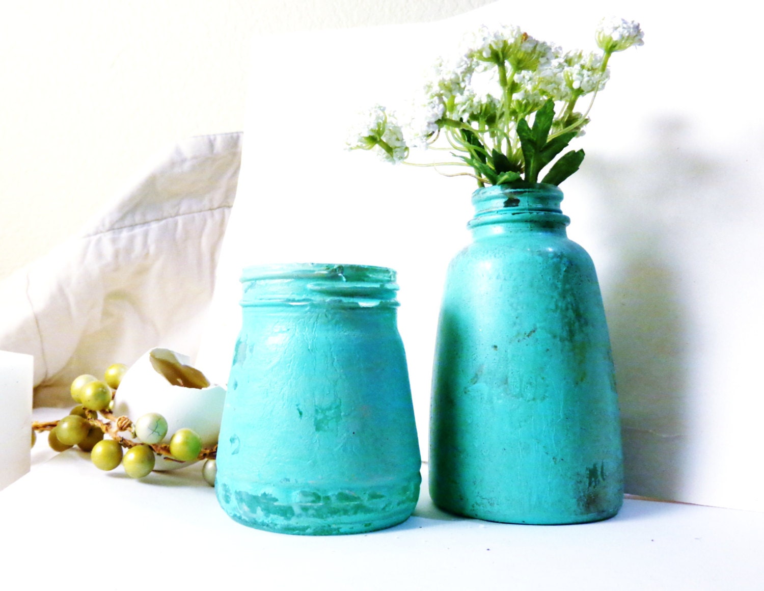 pair of vases shabby chic distressed bud vases turquoise aqua painted bottles conical vases spring tablescape distressed decor