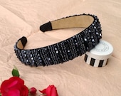 Blue-Black Crystal Beads Hand-made Headband, Beadwork Hair Accessories,Shining Fashion