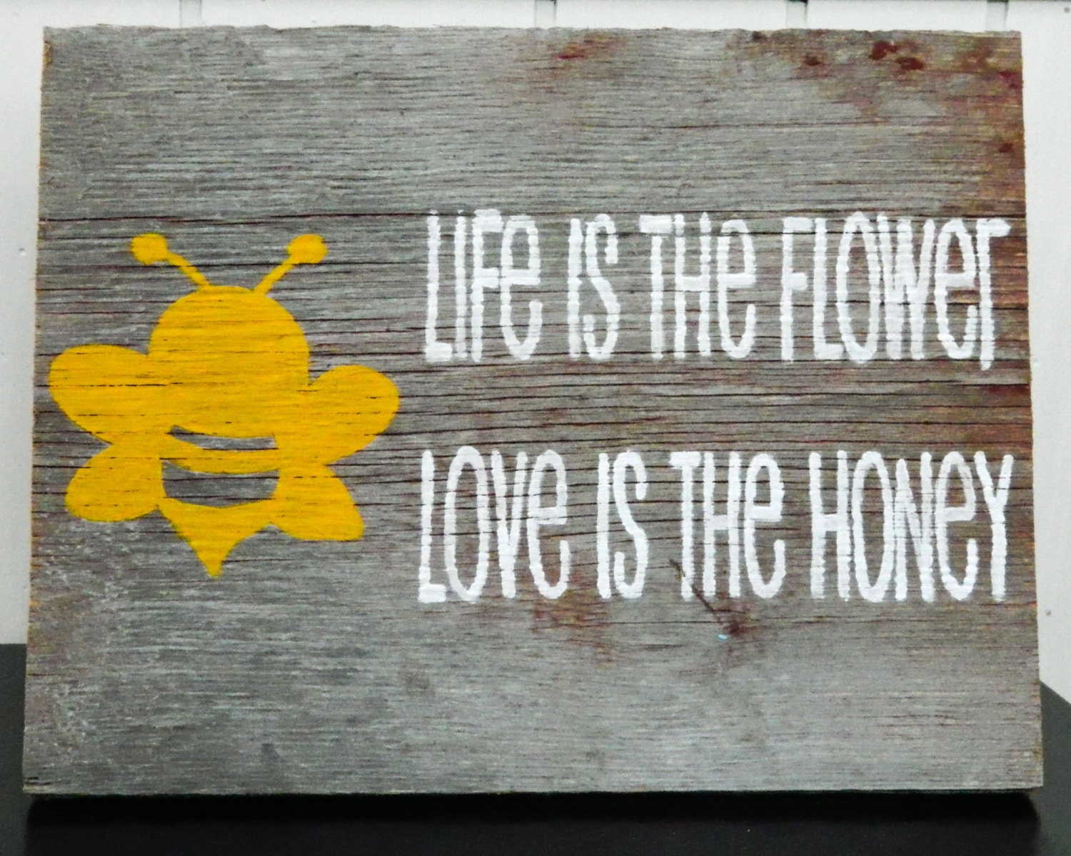 Reclaimed Barnwood, Hand-Painted Wood Sign Rustic Wall Art - "Love is the Honey"