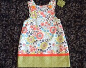Retro Flowers Dress, 3T, Orange, Lime Green, Aqua (infant, girl, toddler, child) - with matching hair accessory