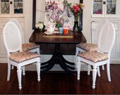 FREE SHIPPING, Handmade, Vintage Seating, Set of 4 Four, Upcycled White Wicker Wood Cottage CHAIRS, Reupholstered W Custom Pattern Fabric