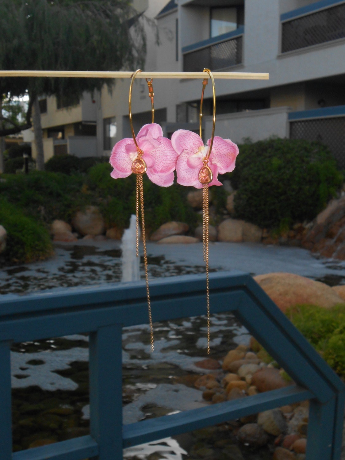 Tropical Wedding Jewelry - Pink Silk Orchid Hoop Earrings with champagne glass charm