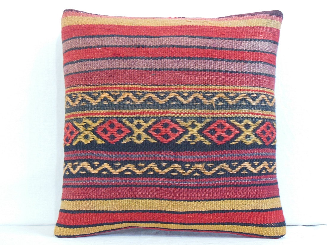Mesopotamia DECORATIVE PILLOW middle stripe hand EMBROIDERY Pillow cover / 16x16 / wool handwoven vintage ethnic bohemian home decor