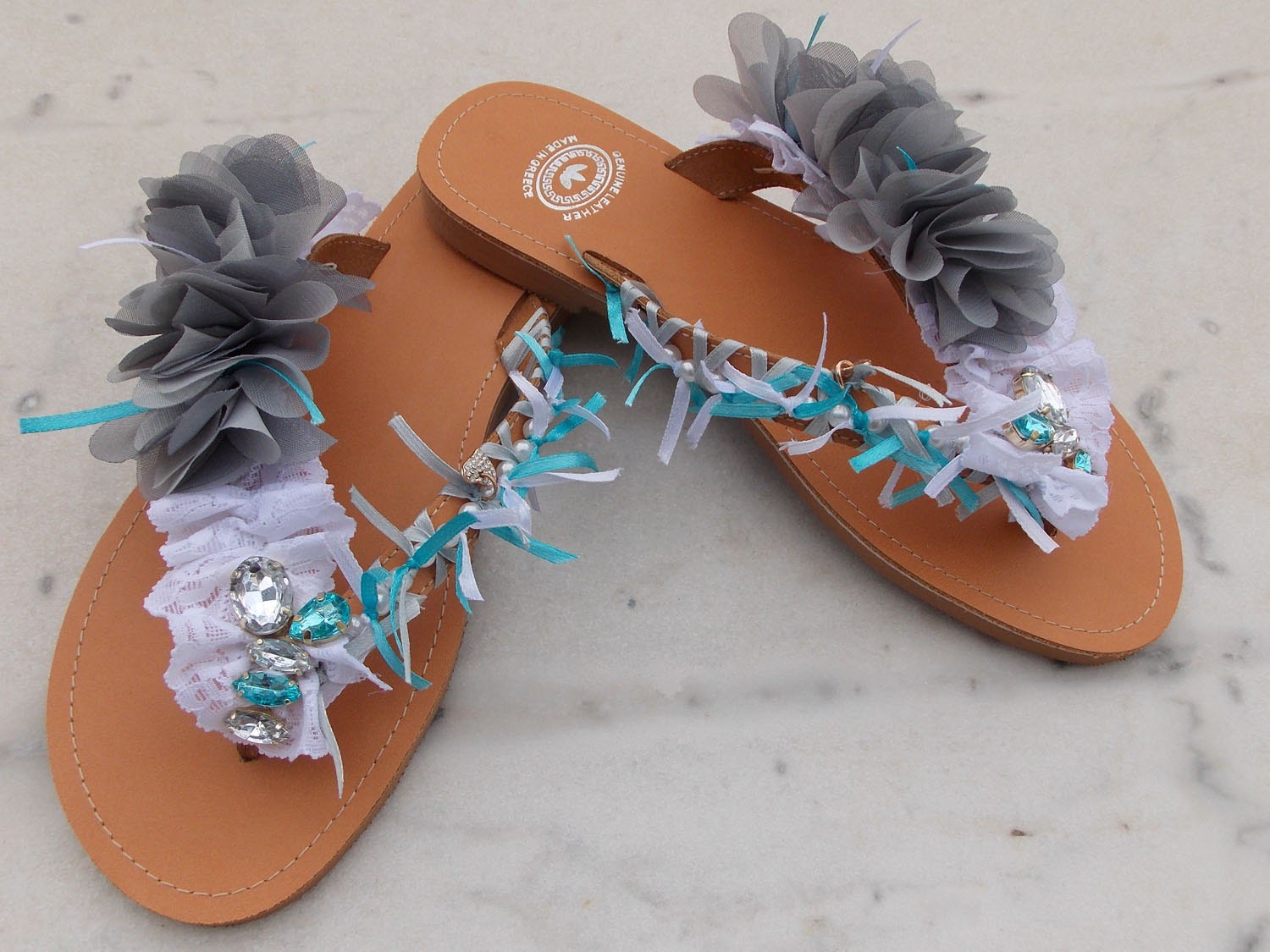 Gray turquoise footsteps - Greek leather summer sandals - Flip Flops