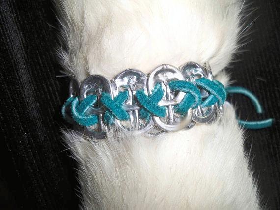 Blue leather soda pop can tab bracelet