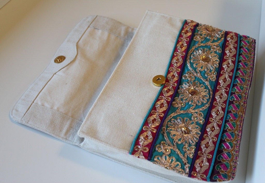RAW FIJI - Cotton Canvas Clutch - FREE Shipping, Handmade Overlap Clutch, Bag, Purse, Boho, Fashion, Neutral, Trimmings, Fuchsia, Ethnic