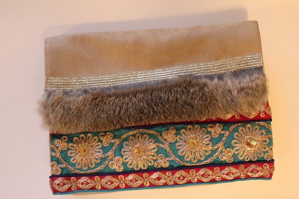 RAW LUSH - Suede Clutch - FREE Shipping, Handmade Overlap Clutch, Bag, Purse, Boho, Fashion, Goat Fur, Neutral, Trimmings, Fuchsia, Ethnic