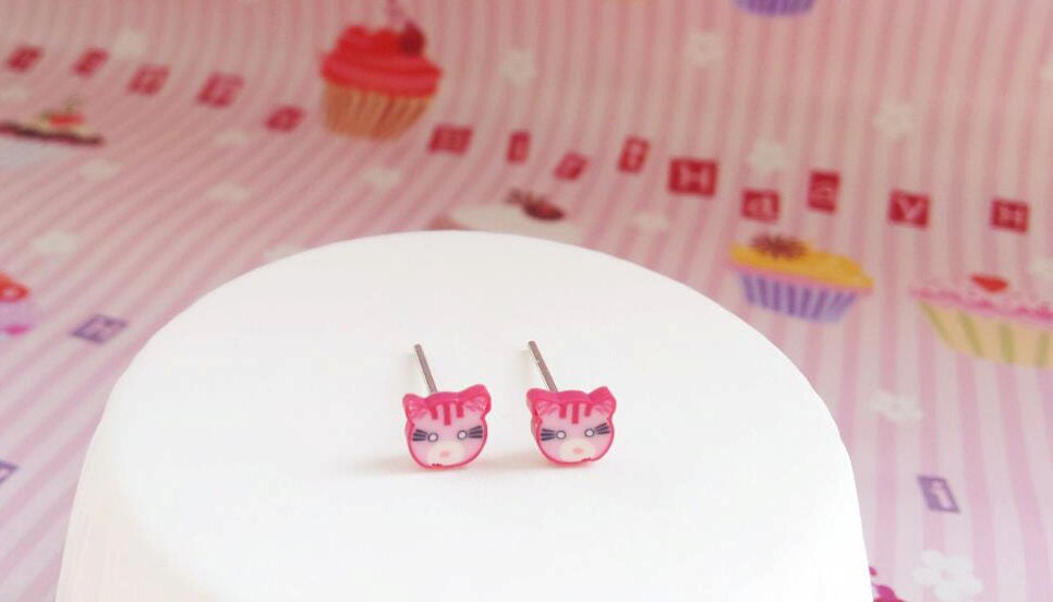 Cat Slice Stud Earrings-Kawaii earring-Polymer clay Studs-Post Earring- Miniature Slices Earring-Animal Earring-Kawaii Studs