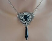 Gothic Victorian Necklace,Vintage Style Necklace,Swarovski Crystal,Black Filigree Necklace,Antique Silver,Victorian Necklace,BLACK KNIGHT