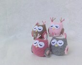 Crocheted Owl, handmade amigurumi, Pastel colors: pink, crimson, gray, light brown