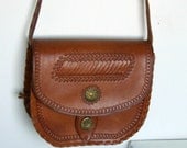 Vintage Tooled Handmade Caramel Brown Leather Boho Hippie Saddle Messanger Shoulder Bag Purse