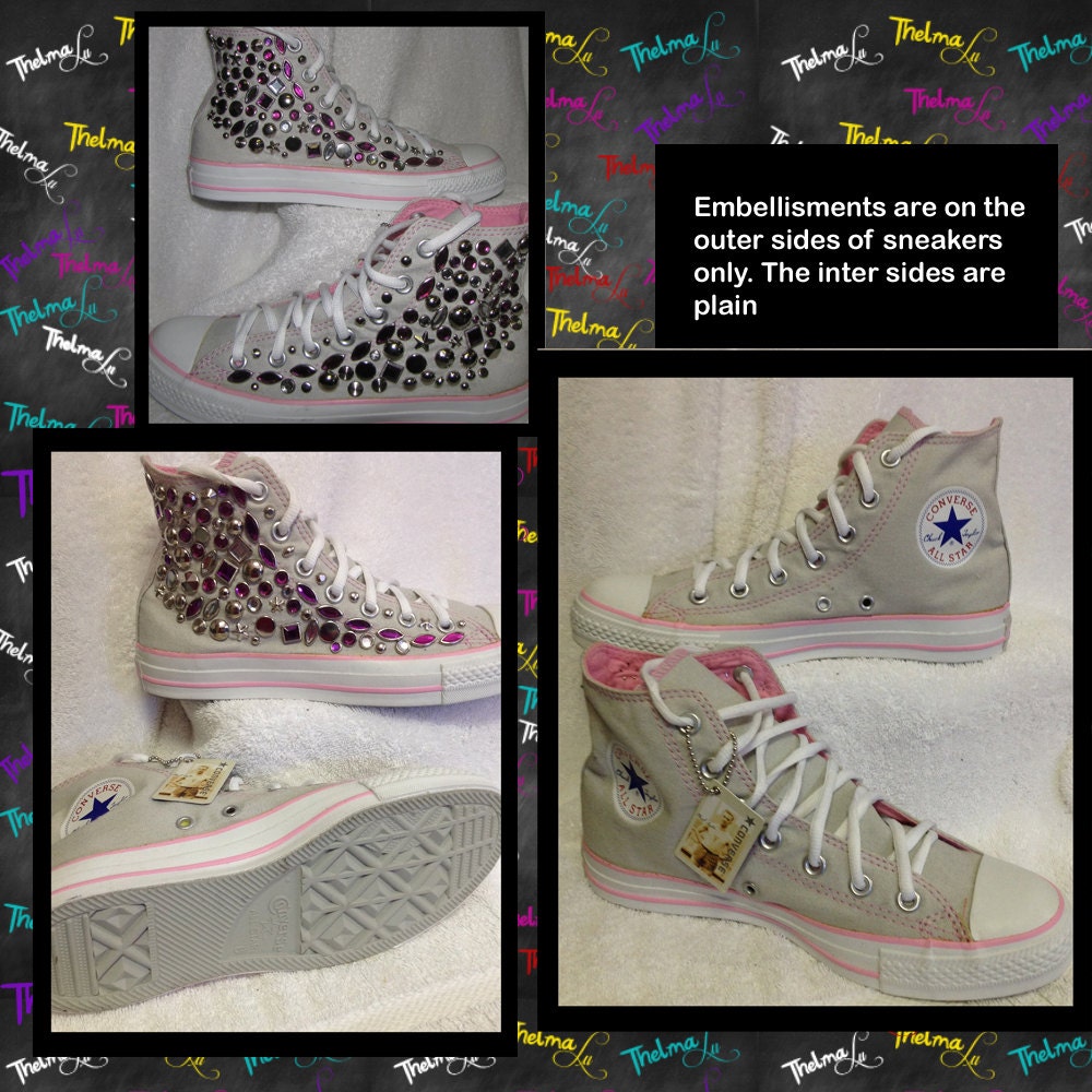UNISEX Hand Stud and Jeweled Embellished Pink and Gray Converse High Top Sneakers Mens sz.6 Womans sz.8