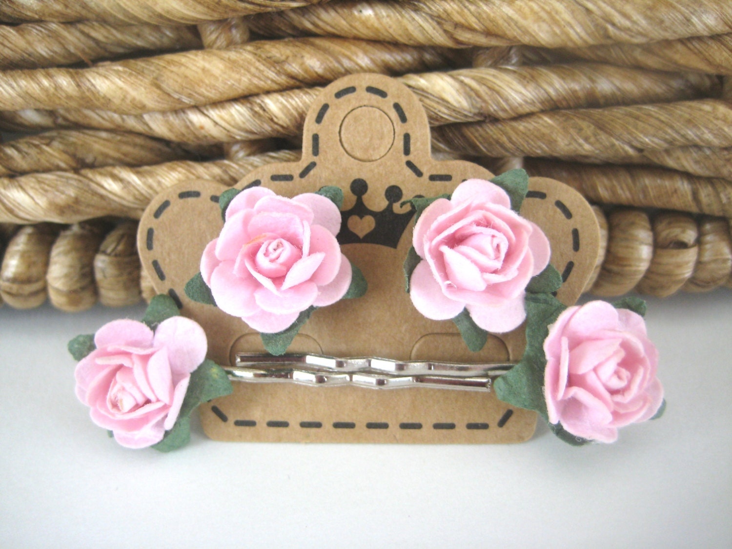 Light Pink Paper Rose Flower Hair Pins and Stud Earring Set-Gift Set for Her or Yourself- Bridesmaid Gift Set-Bobby Pins-Post Earrings