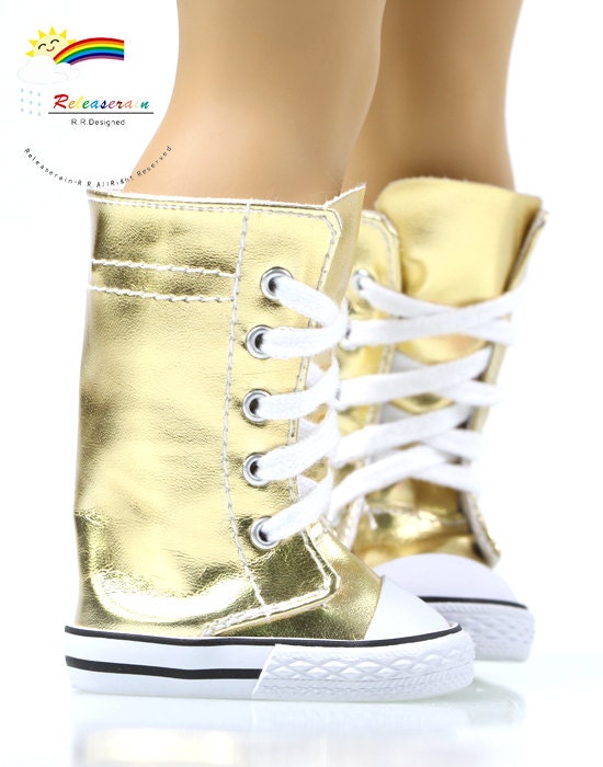 Knee High Lace-Up Sneakers Boots Doll Shoes Leather Gold with White Dots for 18" American Girl dolls
