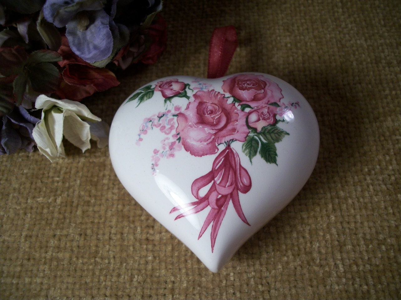 Porcelain Pomander, Porcelain Heart, Sachet, Rose Scented, Hanging Heart, Heart Ornament, Heart Sachet, Heart and Flowers, Red Pink Roses
