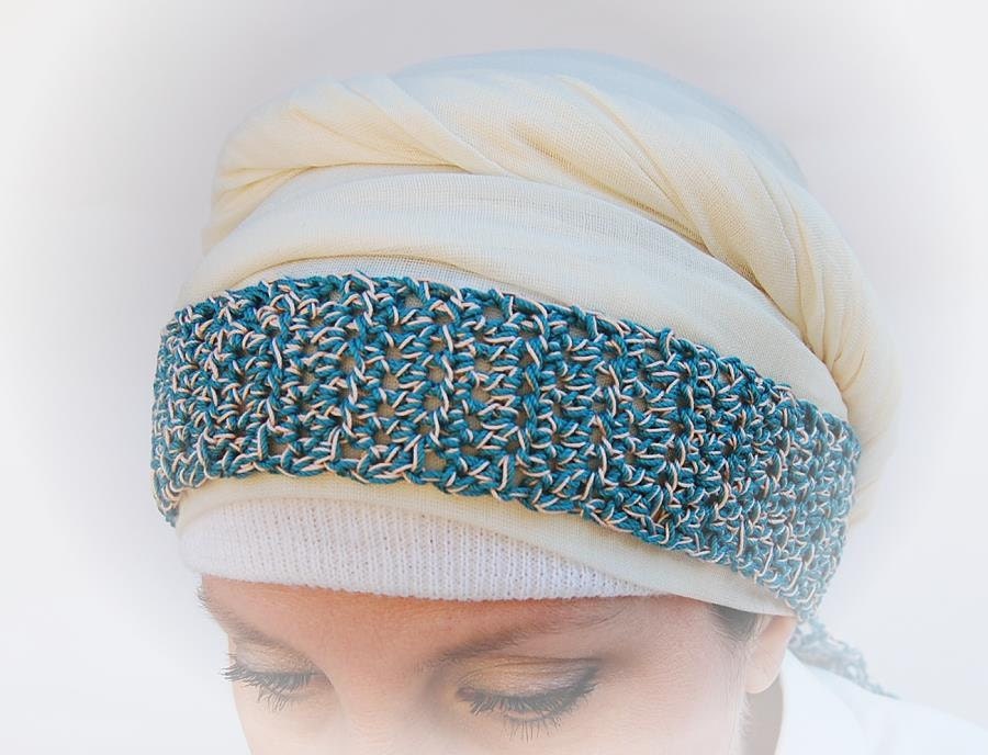 Nautical colors for Tichel or Scarf Headband Accessory in Warm Teal Green and Soft Light Peach a crochet original by Eema's Cottage