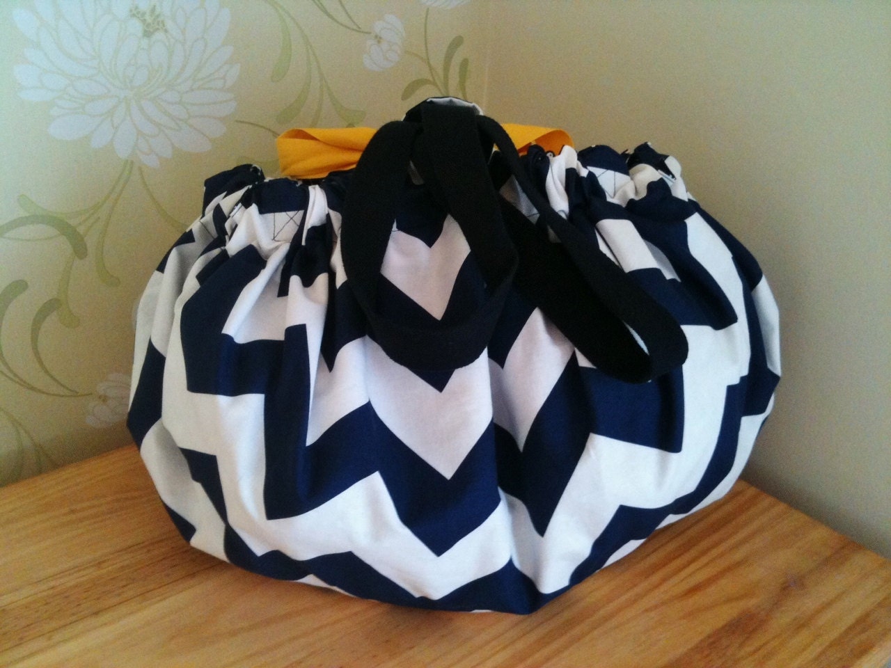 Drawstring Playmat Toy-Tidy and Toy Bag, Chevron Print   Navy Multi-Colour