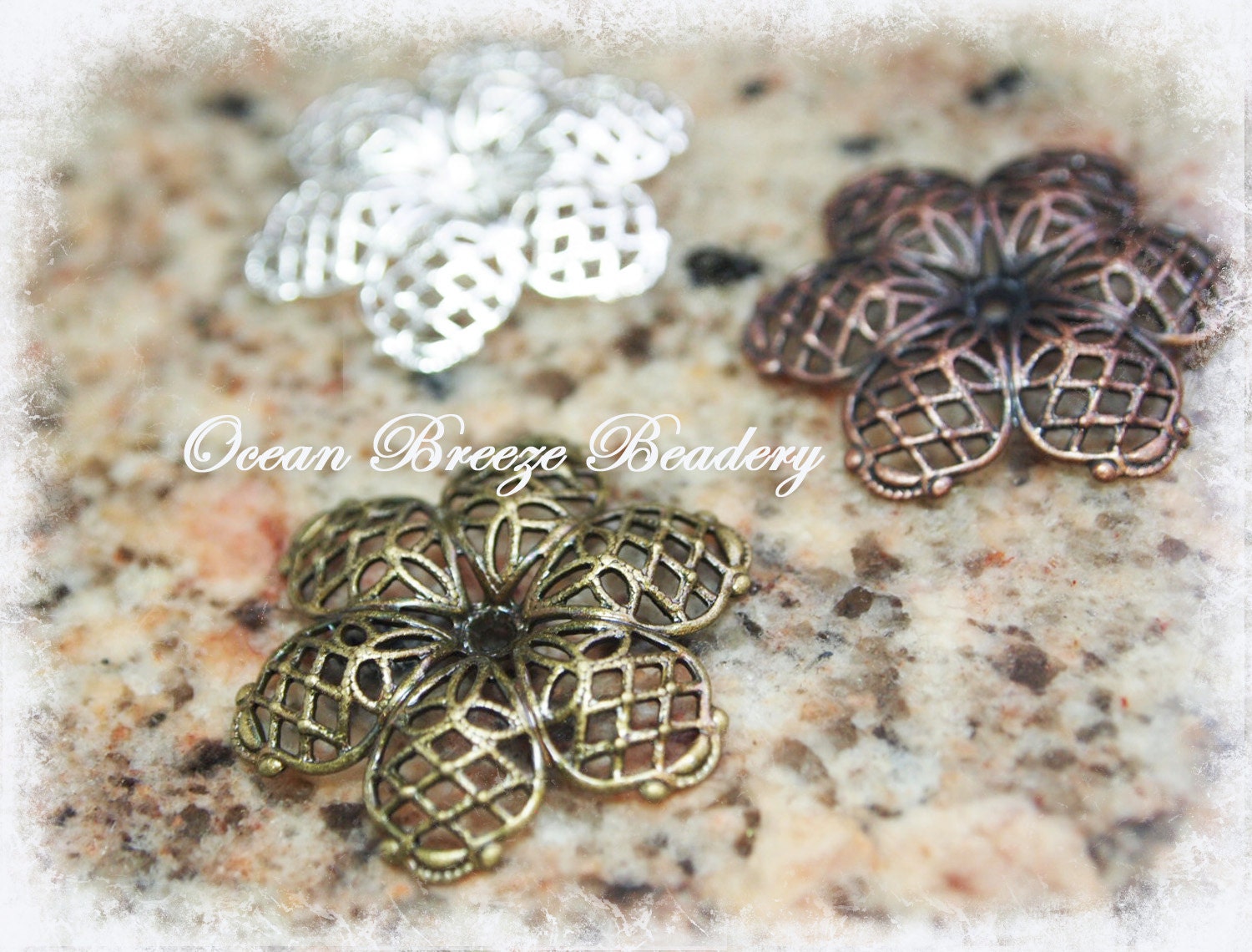 Filigree Flower . 27mm . Antiqued Bronze . Antiqued Copper . Silver Plate