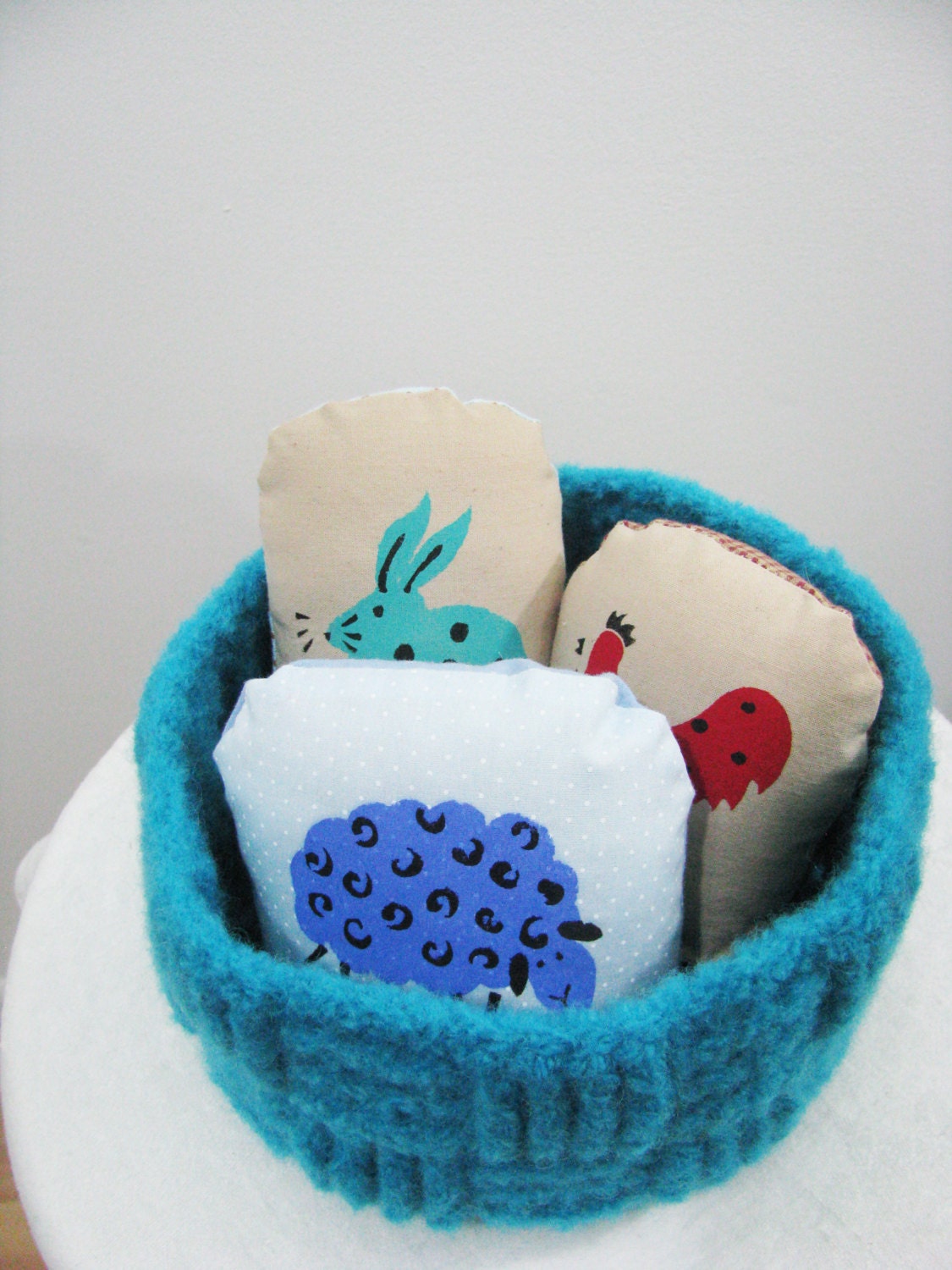 Felt Basket Bowl Turquoise Wool Textured Pattern